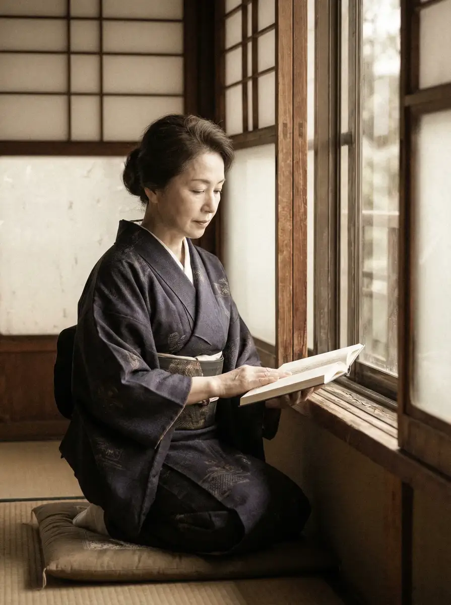 一位优雅的五十岁 女神视频-精美女神写真集|免费在线观看 身穿深蓝色和服，在窗边静读